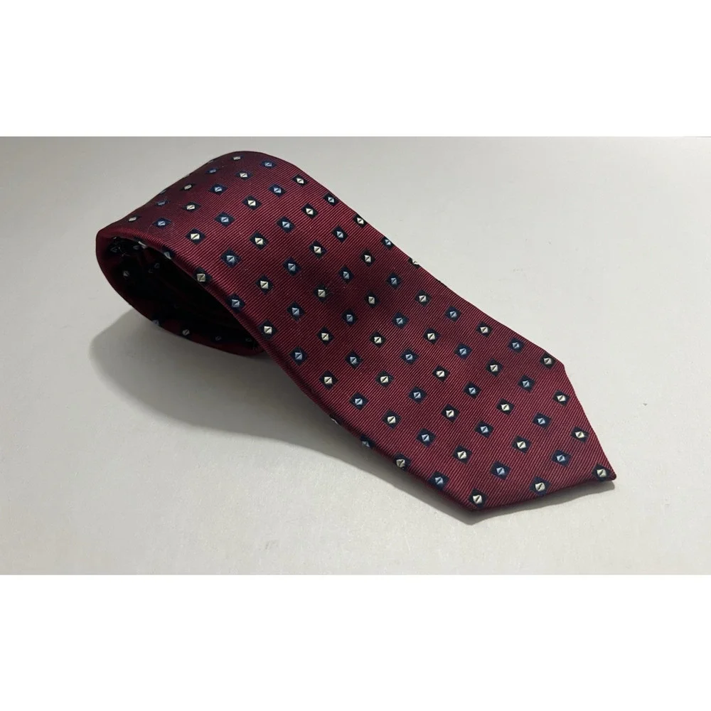 Vintage Yves Saint Laurent Mens Silk Tie Burgundy Red Geometric 100% Silk Italy